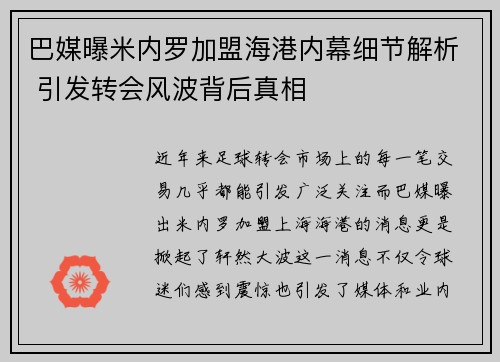 巴媒曝米内罗加盟海港内幕细节解析 引发转会风波背后真相